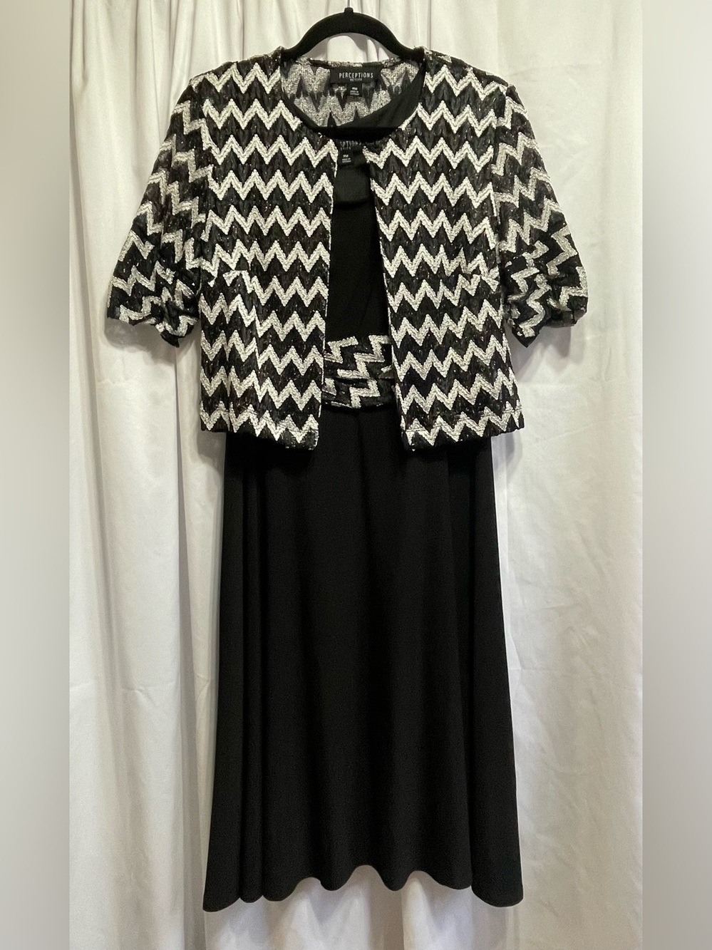 Perceptions Black and White Chevron Jacket with Black Dress